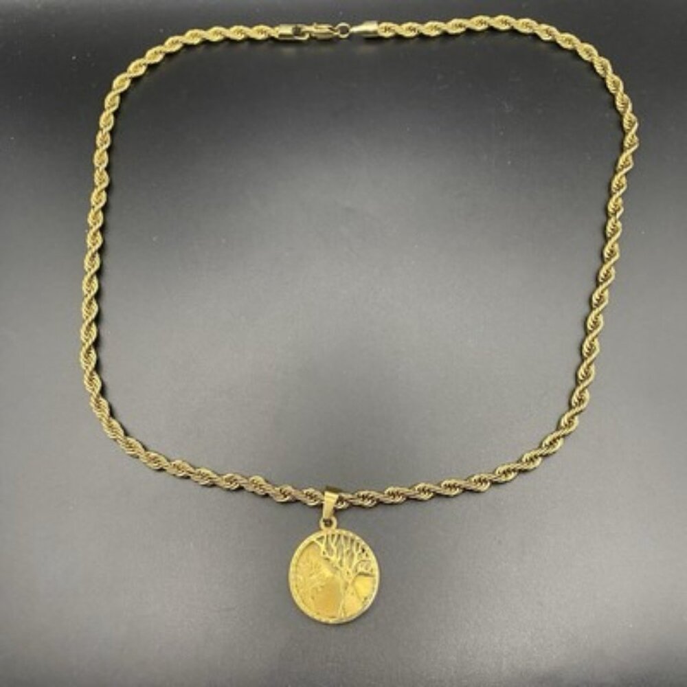 Two Trees 2D Pendant Rope Chain Necklace Gold Tone Stainless Steel 5 mm 24" - Picture 2 of 9